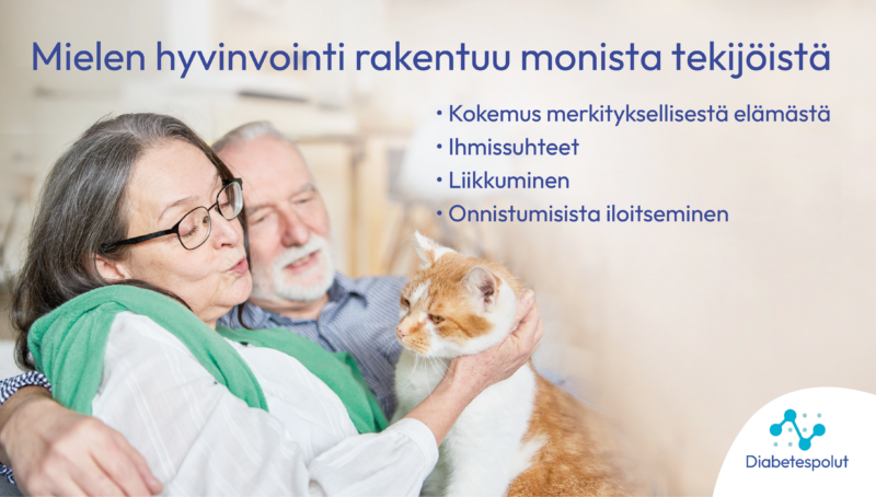 Mies ja nainen lähekkäin, naisen sylissä kissa. Tekstissä kerrotaan, että mielen hyvinvointi rakentuu monista tekijöistä. Niitä ovat kokemus merkityksellisestä elämästä, ihmissuhteet, liikkuminen ja onnistumisista iloitseminen.