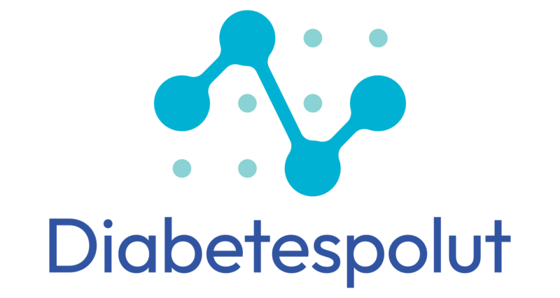 Diabetespolut-logo. Alla tekstinä Diabetespolut ja sanan yläpuolella polkumainen sininen graafinen elementti.