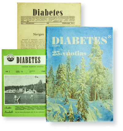 Vanhoja Diabetes-lehden kansikuvia vuosilta 1949, 1960 ja 1974.