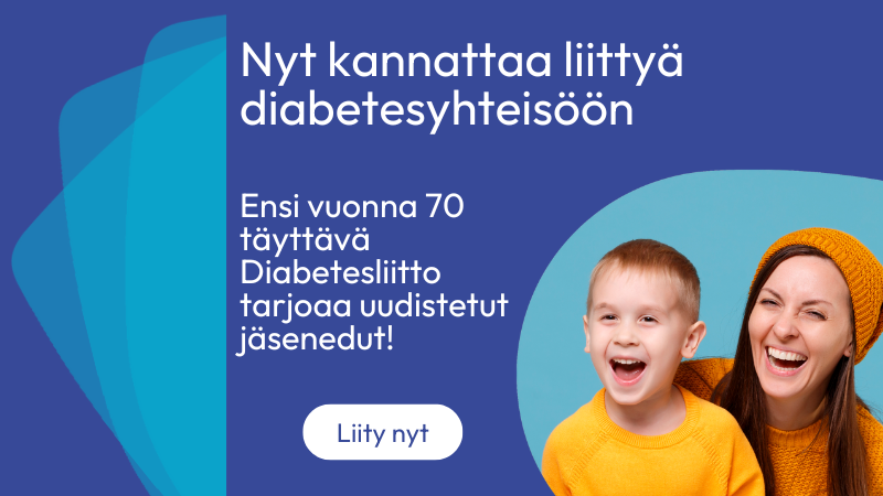 Jäsenkampanjakuva, jossa on nainen ja poika. Tekstissä lukee: Nyt kannattaa liittyä diabetesyhteisöön.