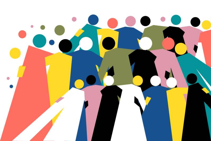 Illustration där en grupp människor är tillsammans.